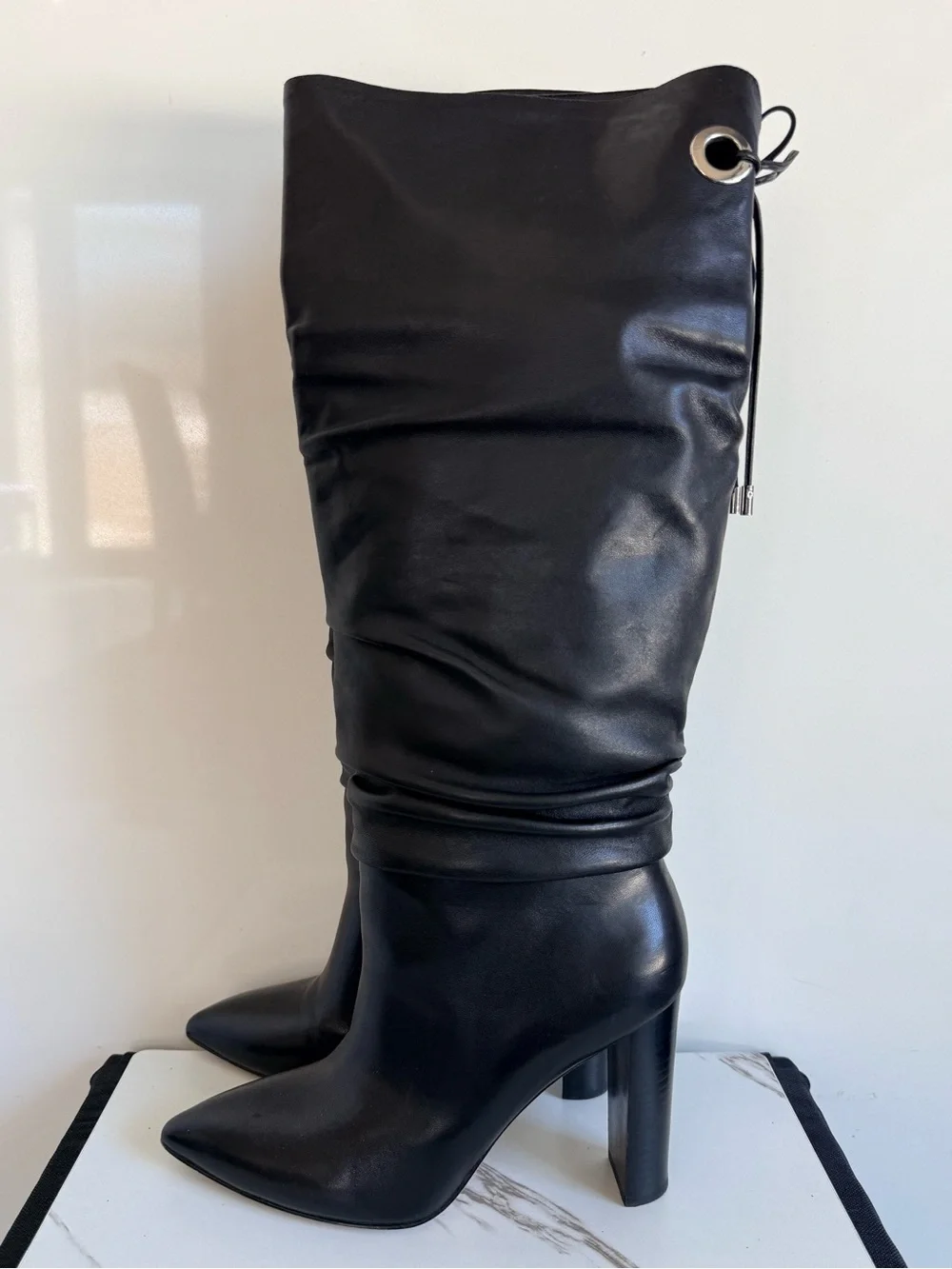 PAIGE Black Leather Over-the-Knee Pointed Toe Boots